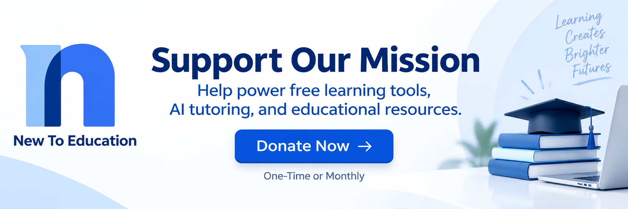 New To Education donation banner promoting free learning tools, AI tutoring, and educational resources with a Donate Now call to action.