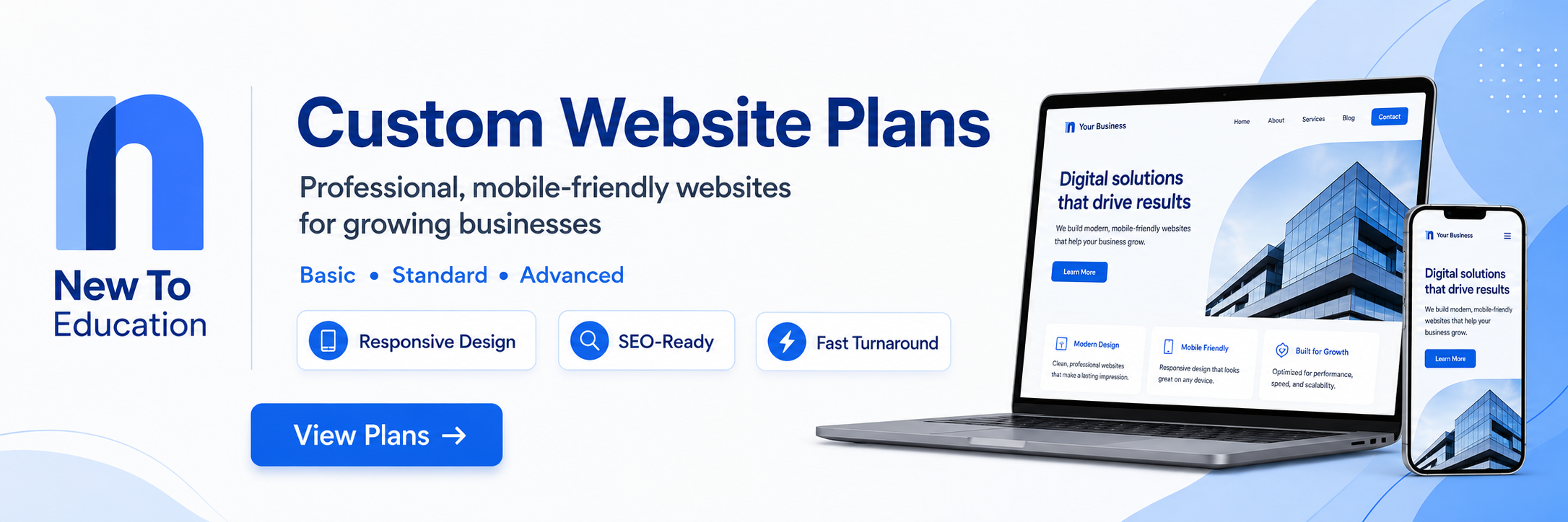 New To Education web development subscription banner advertising custom website plans with responsive design, SEO-ready setup and fast turnaround.