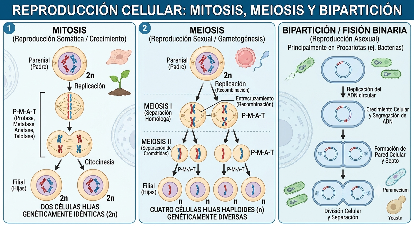 Reproducción Celular: Mitosis, Meiosis y Bipartición (Guía Completa para 2do ESO y Bachillerato)